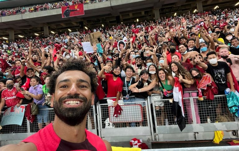 Mohamed Salah takes a selfie during the team's match against Crystal Palace in Singapore on July 14, 2022. Image: Liverpool FC / Facebook
