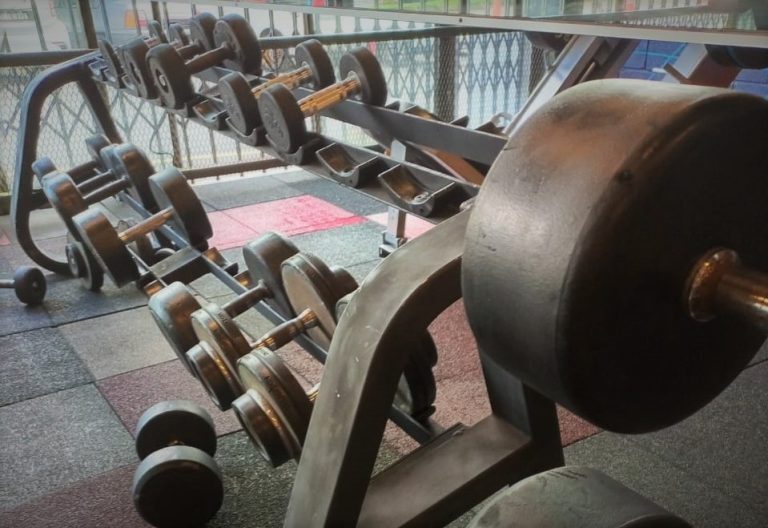 Rows of dumb bells in a gymnasium in Malaysia.