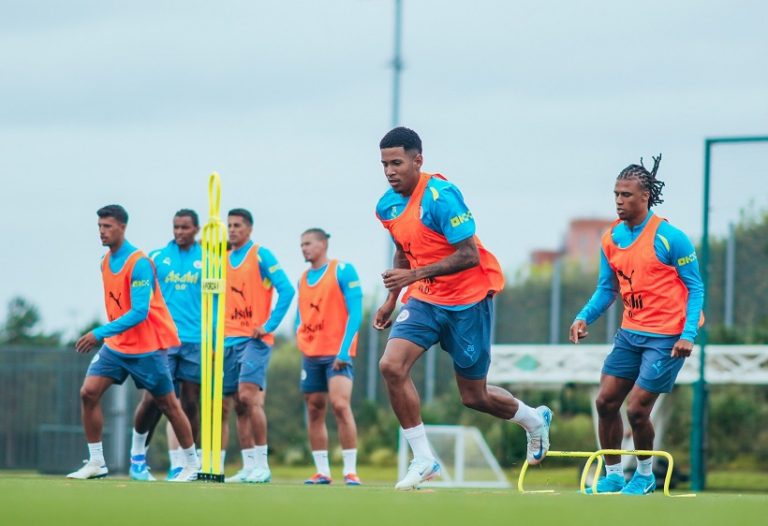 Savinho and Nathan Ake of Manchester City during a training session at Manchester City Football Academy on August 08, 2024 in Manchester, England. Image by Tom Flathers, Manchester City FC