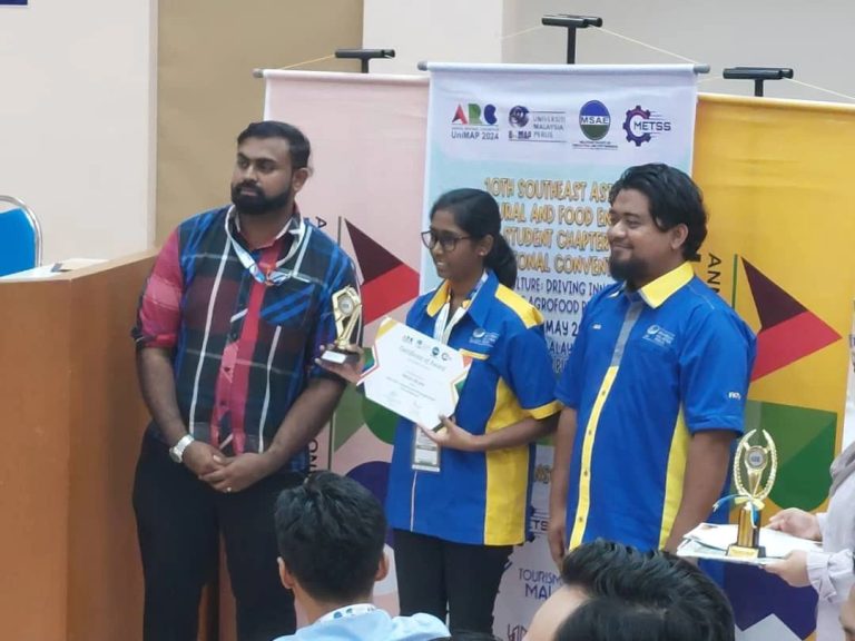 Laavenya George being awarded the gold medal at the 10th Southeast Asian Young Agricultural and Food Engineer Student Chapter Annual Regional Convention for her project titled, ‘Production of Biohydrogen from Copra Meal Waste’ in May 2024.