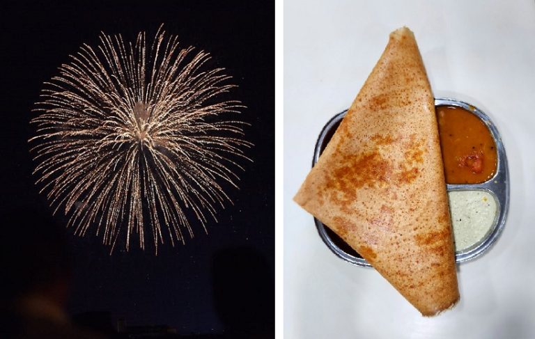 An image of fireworks and thosai.