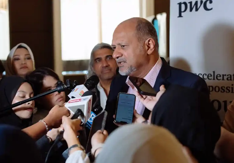 Digital Minister Gobind Singh Deo speaking to reporters after launching the PwC Leadership in AI Conference 2025 at Majestic Hotel, Kuala Lumpur on May 13, 2025.