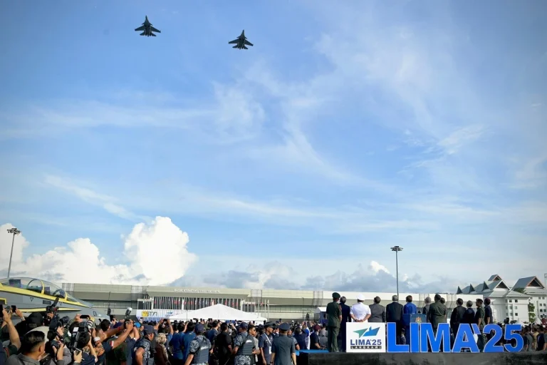 Fighter jets flying in the skies on the opening day of the 17th Langkawi International Maritime and Aerospace Exhibition (LIMA 2025) on May 19, 2025.