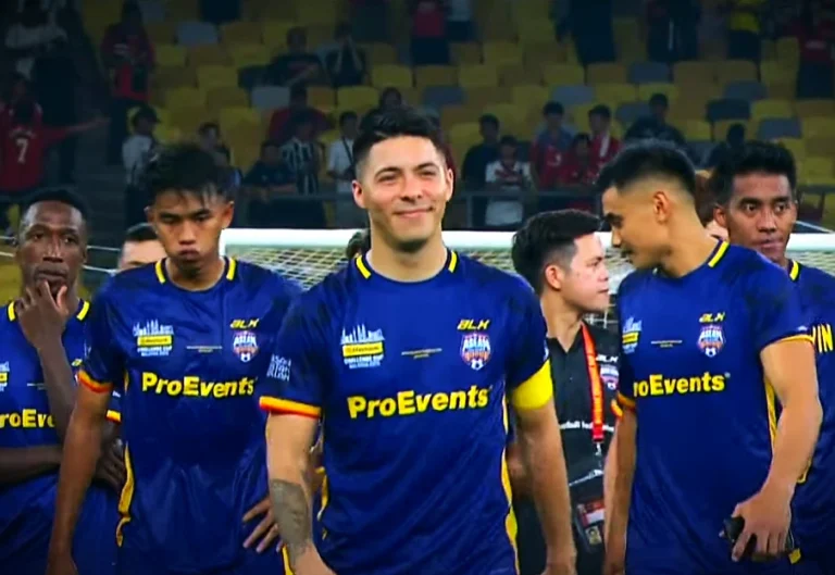 Sergio Aguero leads the Asean All Stars at the prize giving ceremony after defeating Manchester United 1-0 in a friendly match in Kuala Lumpur on May 28, 2025.