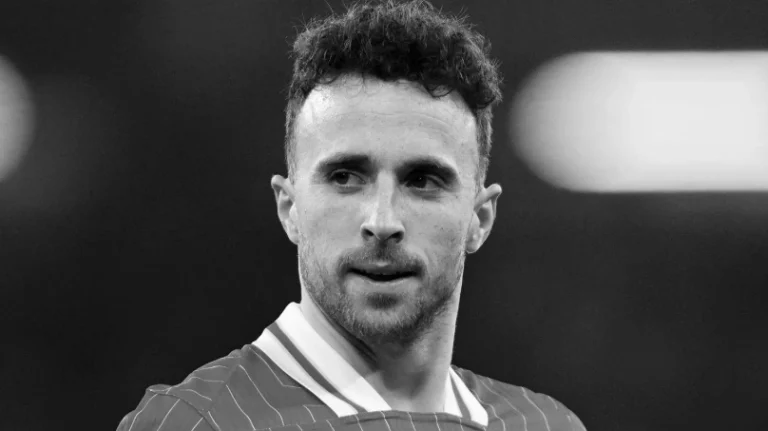 A black and white image of Liverpool star Diogo Jota.