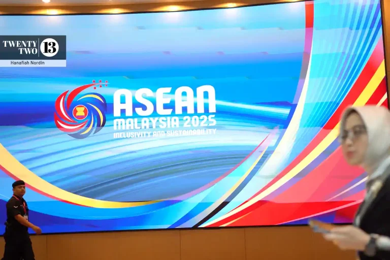 Backdrop of the Asean logo at the 58th ASEAN Foreign Ministers’ Meeting Kuala Lumpur on July 10, 2025
