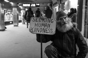 An elderly man seeking help while holding a sign that reads 'Seeking Human Kindness' at a subway station.