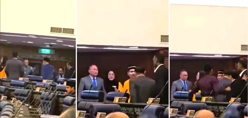 A series of screengrabs shows an episode between two MPs in the Dewan Rakyat on Aug 14, 2025.