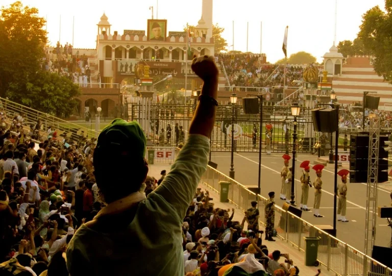 Crowd at the Wagah Border where Indian and Pakistani border personnel face off in an entertaining manner.