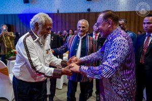 Datuk Seri Anwar Ibrahim greets Timor Leste prime minister José Alexandre "Xanana" Gusmão as Timor Leste president José Ramos-Horta looks on during the Malaysia prime minister's visit to Dili, Timor Leste on Sept 23, 2025.