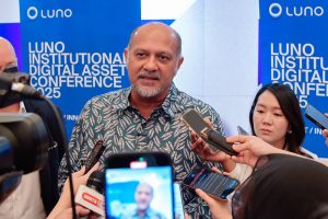 Digital Minister Gobind Singh Deo speaking to reporters after launching the Luno Institutional Digital Asset Conference 2025 at Petaling Jaya Hilton on Sept 25, 2025.
