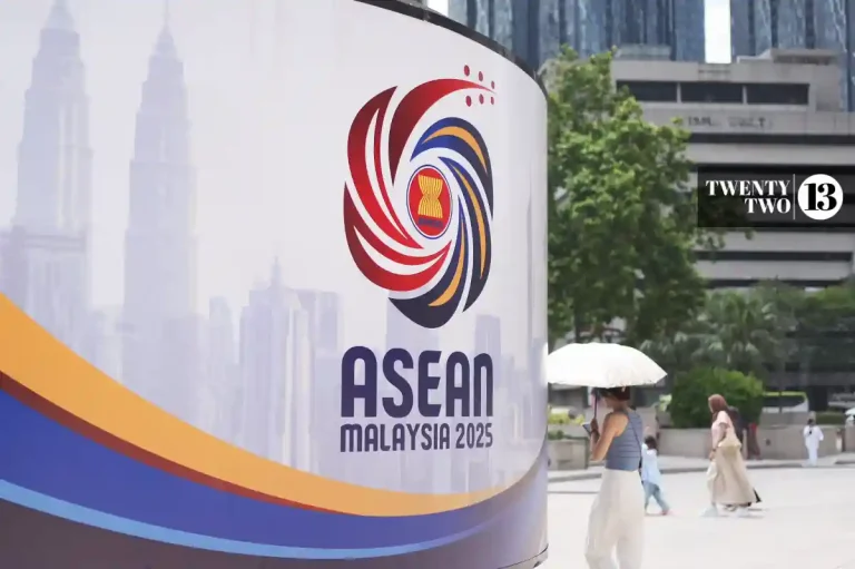 An ASEAN logo in front of the Twin Towers in Kuala Lumpur
