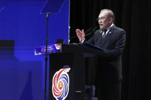Prime Minister Datuk Seri Anwar Ibrahim speaking at the opening ceremony of the 47th Asean Summit in Kuala Lumpur.
