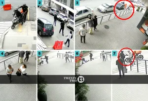 CCTV images obtained by Twentytwo13 show: 1. Two individuals parking their motorcycle outside the Tanjung Balai Group building in Bangsar Baru. 2. They approach Haresh, who is walking towards his car. 3. Sensing something amiss, Haresh (circled) runs away. A third person, wearing a white T-shirt, positions his phone as if recording the scene. 4. The man in the white T-shirt moves towards Haresh and shoulder-charges him. 5. Haresh falls to the ground, while one of the two individuals in black moves towards him. 6. Both individuals in black approach Haresh and appear to punch and kick him, while the man in white continues recording. 7. One of the individuals in black appears to exchange words with the man in white before both leave the scene.