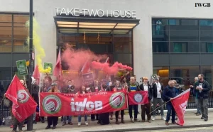 Fired Rockstar Games staff protesting outside the UK office of parent company Take-Two and developer Rockstar North.