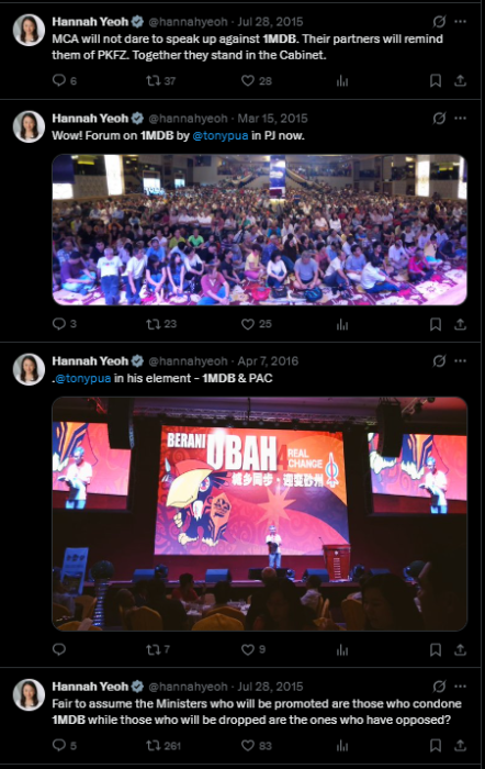 Hannah Yeoh's postings on X in 2015 and 2016.