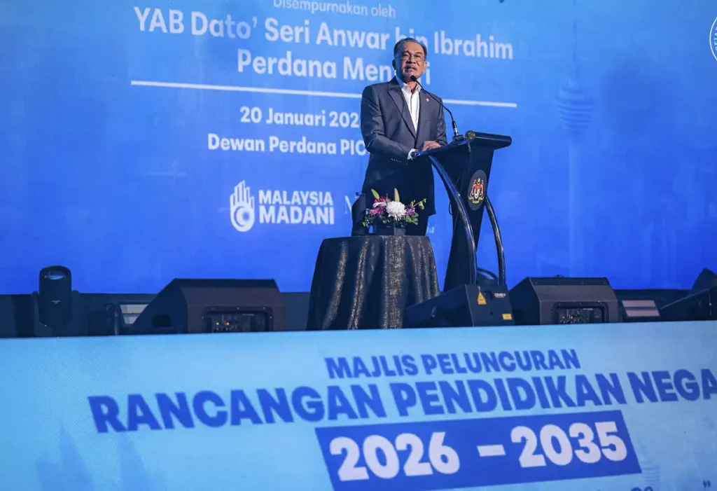 Datuk Seri Anwar Ibrahim speaking at the launch of the Malaysia Education Blueprint 2026-2035 at the Putrajaya International Convention Centre on January 20, 2026.