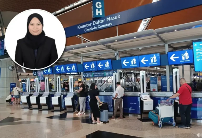 An image of the check-in counters at KLIA. Insert is an image of Malaysia Airlines' Nurhadirah Hairil Hafiz.