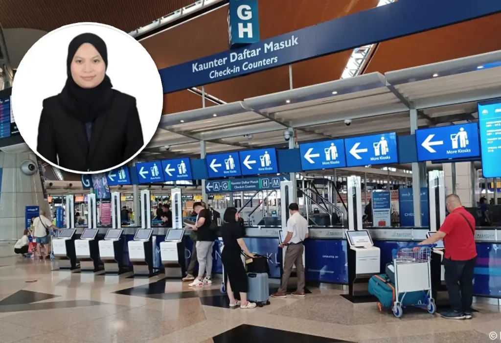 An image of the check-in counters at KLIA. Insert is an image of Malaysia Airlines' Nurhadirah Hairil Hafiz.