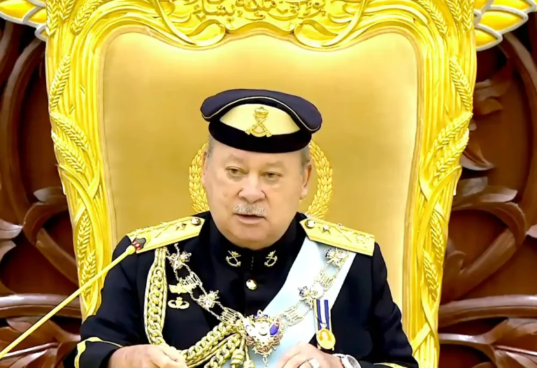 Sultan Ibrahim delivering a Royal Address at the opening of the First Meeting of the Fifth Session of the 15th Parliament.