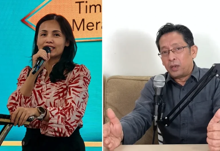 (Left to right) Deputy Communications Minister Teo Nie Ching speaking at a function while Eddin Khoo on a podcast.