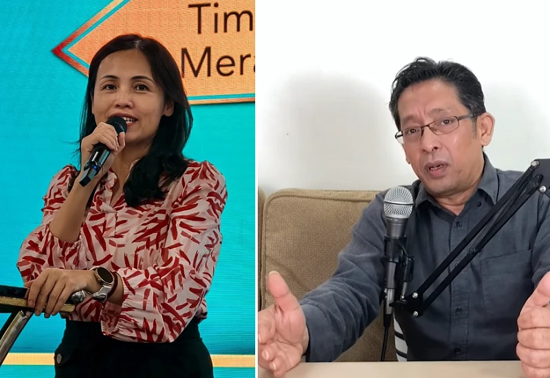 (Left to right) Deputy Communications Minister Teo Nie Ching speaking at a function while Eddin Khoo on a podcast.