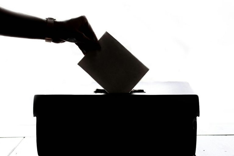 A voter placing a folded paper in a ballot box.