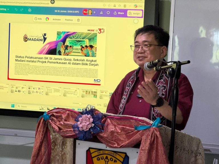 Digital Ministry secretary general Datuk Fabian Bigar speaking at SK St James Quop on Feb 12, 2026.