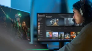 A gamer playing video games.