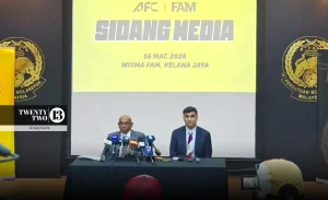 Asian Football Confederation general secretary Datuk Seri Windsor Paul John (left) and deputy Vahid Kardany (right) provide an update on the ongoing quality audit assessment programme of the Football Association of Malaysia.