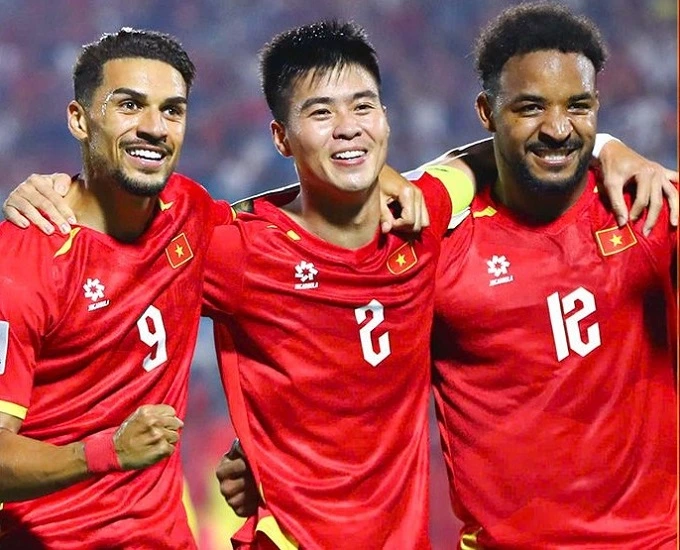 Vietnam players celebrating their win against Malaysia in the final Group F match of the Asian Cup qualifiers.