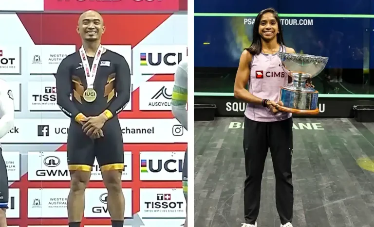 Azizulhasni Awang (left) with his UCI gold medal and S. Sivasangari with her trophy in March 2026.