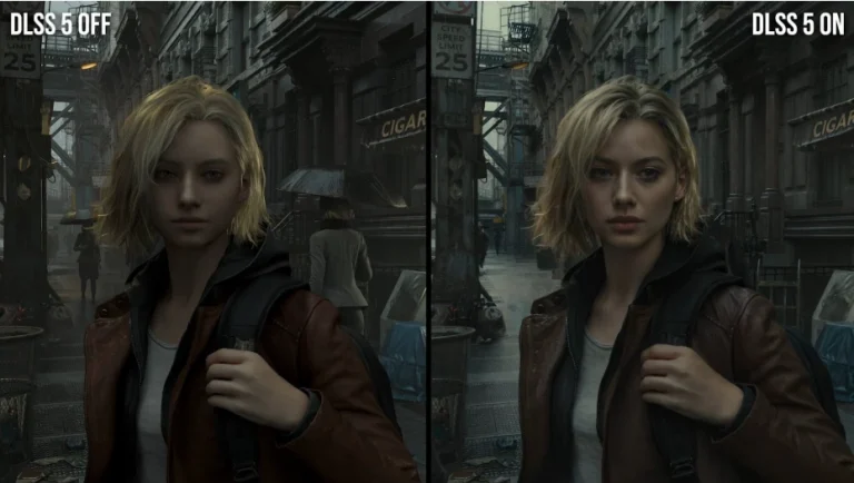 A comparison of how a video game with and without NVdia's DLS55 look like.