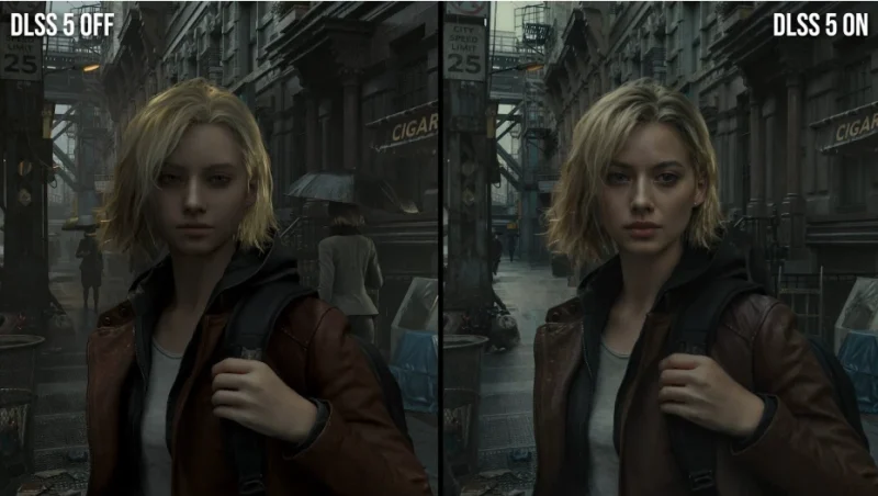 A comparison of how a video game with and without NVdia's DLS55 look like.