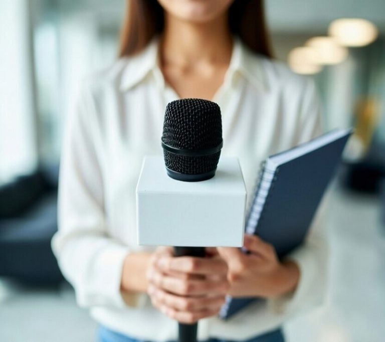 A female reporter holding a microphone and a notebook.