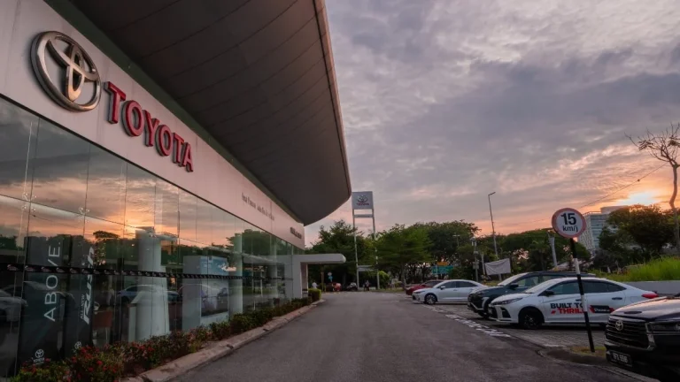 An image of a Toyota showroom and service centre in Malaysia.