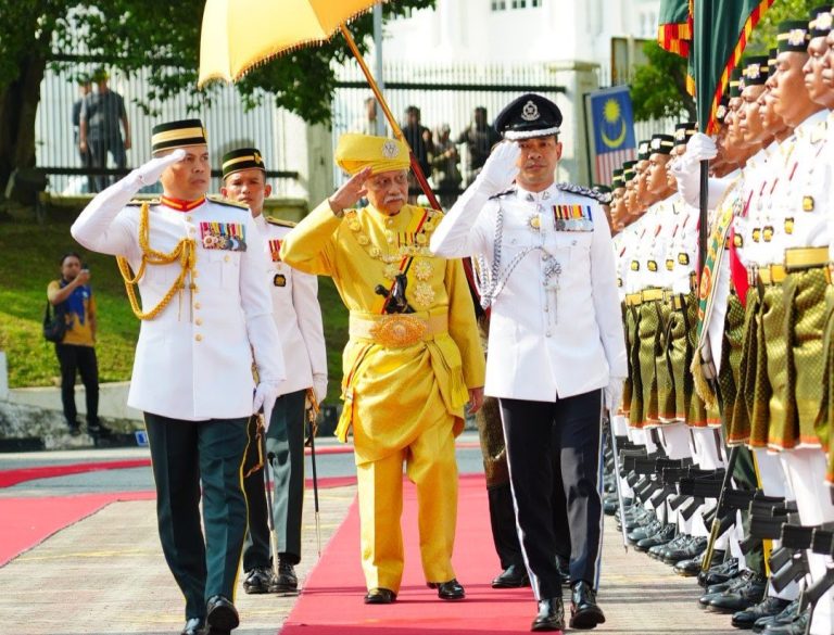 Tuanku Muhriz Tuanku Munawir inspecting the Guards of Honour just before opening the state assembly in March 2026.