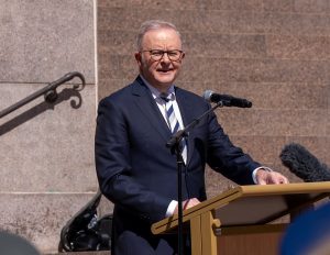 Australian Prime Minister Anthony Albanese speaking to the press.