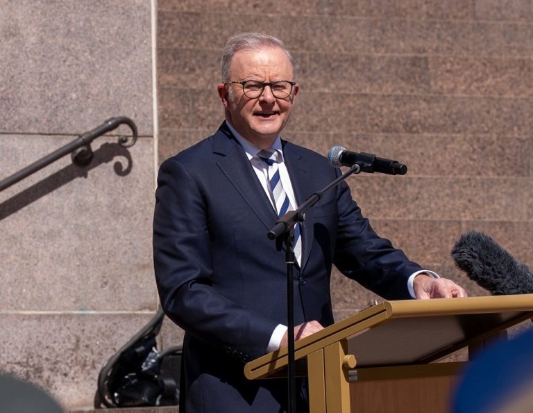 Australian Prime Minister Anthony Albanese speaking to the press.
