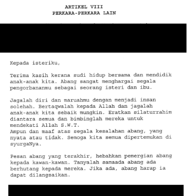 A page from a will declaring a husband's love for his wife and family.