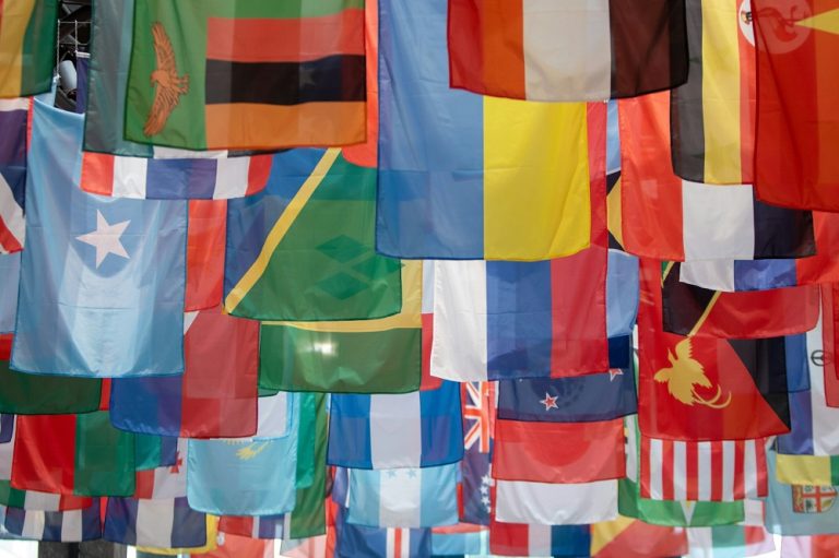 Flags of various nations at the FAO headquarters in Rome.
