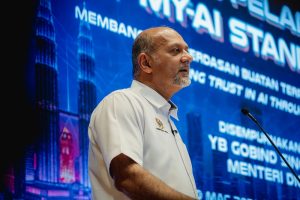 Digital Minister Gobind Singh Deo speaking to guests during the launch of the MY AI Standards in March 2026.