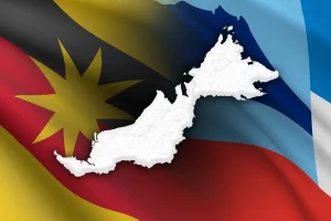 Map of East Malaysia with Sabah and Sarawak flags.