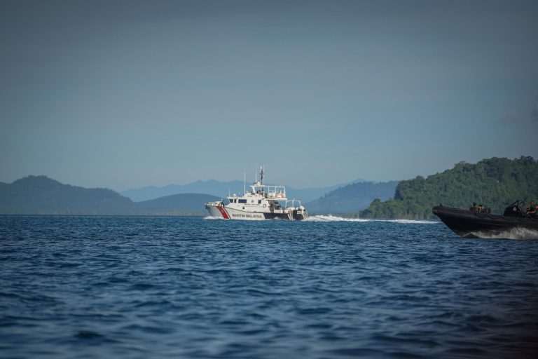 A Malaysian police maritime boat off the waters of Sabah in May 2026.