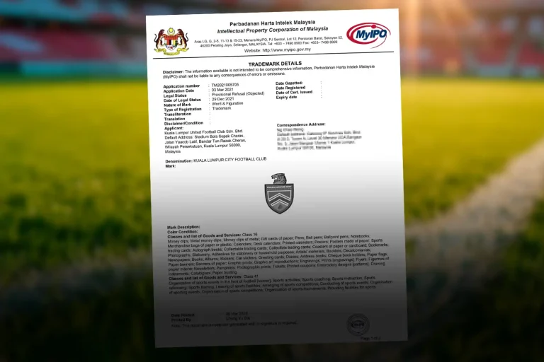 The MyIPO letter raising objections to the trademark application of Kuala Lumpur City Football Club.