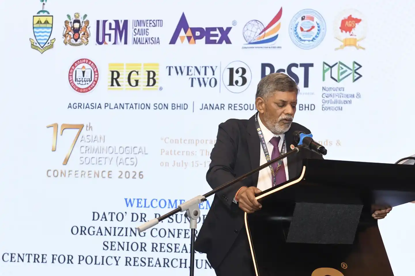  Datuk Dr P. Sundramoorthy delivering his speech at the 17th Asian Criminology Conference in Penang on July 15, 2026.