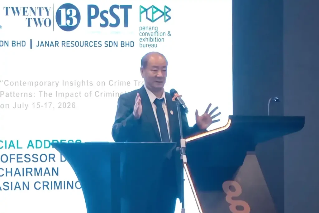 Professor Dr Jianhong Liu speaking at the 17th Asian Criminology Conference in Penang on July 16, 2026.
