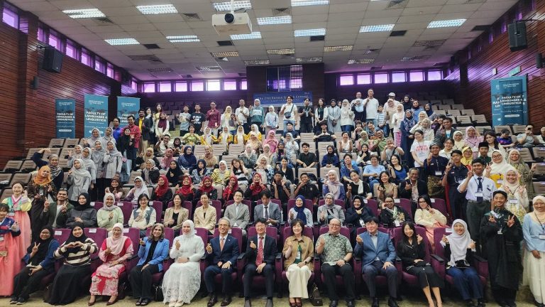 Officials and participants of the 21st 21st Korean Speech Contest 2026 at the Auditorium Tun Mohamed Suffian, Faculty of Law, Universiti Malaya on July 18, 2026.