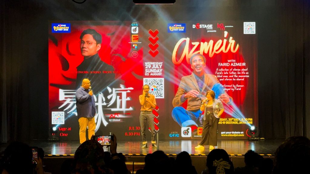 From left: Papi Zak, Farid Azmeir and JoanneKam promoting Farid’s show about his late father, a bilingual stand-up performance.