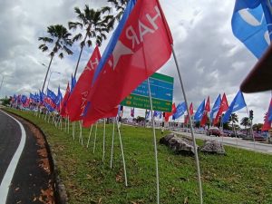 Election party flags on display in Negeri Sembilan for the state election on Aug 1, 2026.